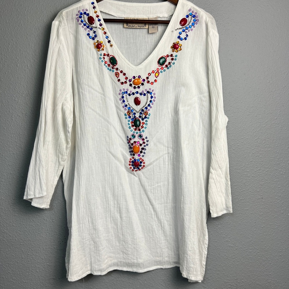 Life Style Boho Ethnic Rhinestone Hippie Gypsy Tunic Colorful‎ Jewel Cotton XL